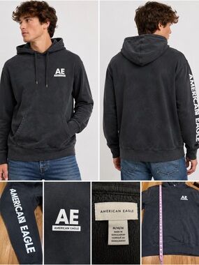 American Eagle Men’s Washed Black Logo Hoodie Size Medium